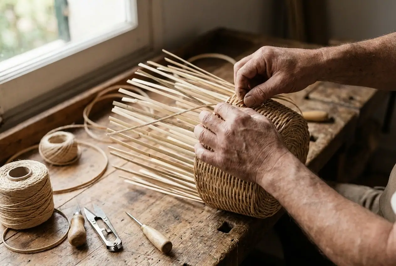 Artisan's hands shaping a cane basket in a small Andaman workshop