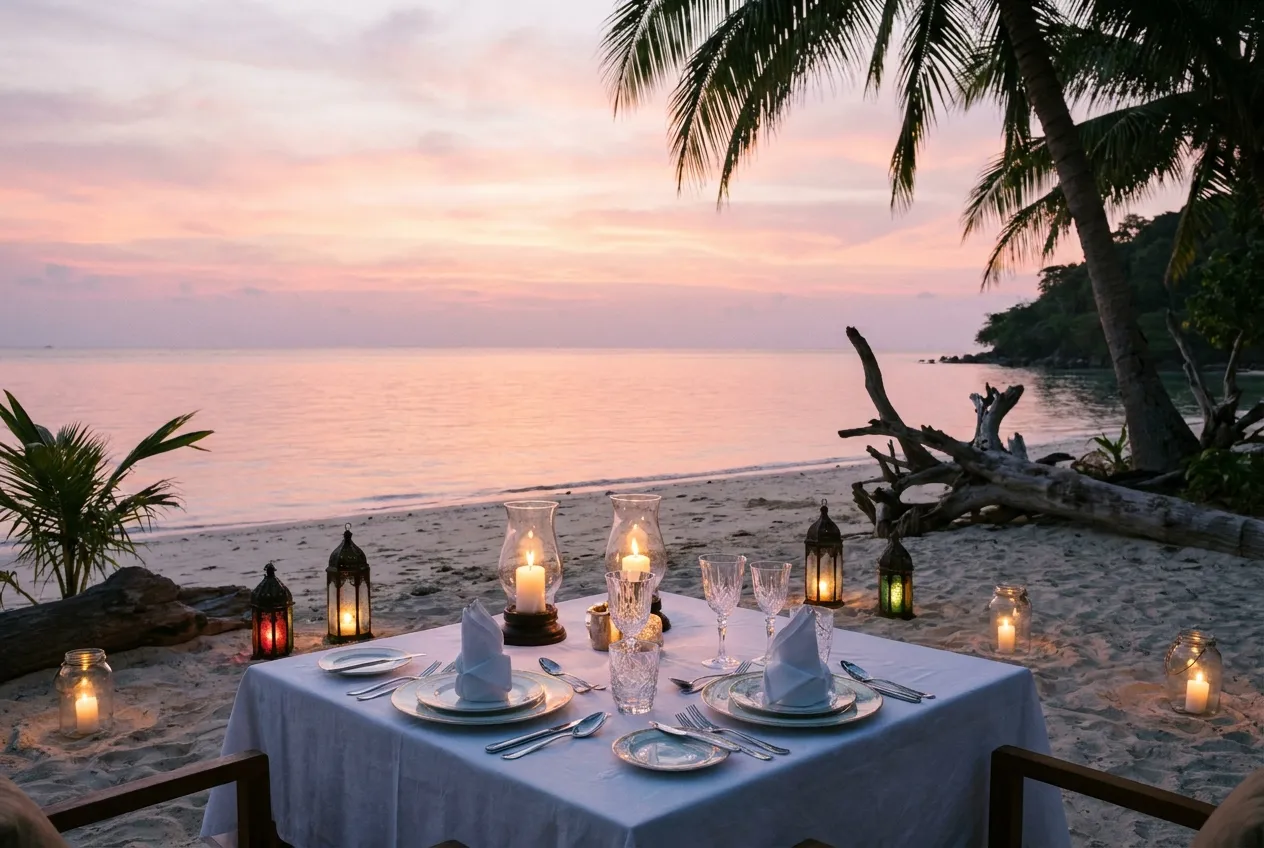 Candlelit dinner table for two on a quiet Andaman beach at dusk