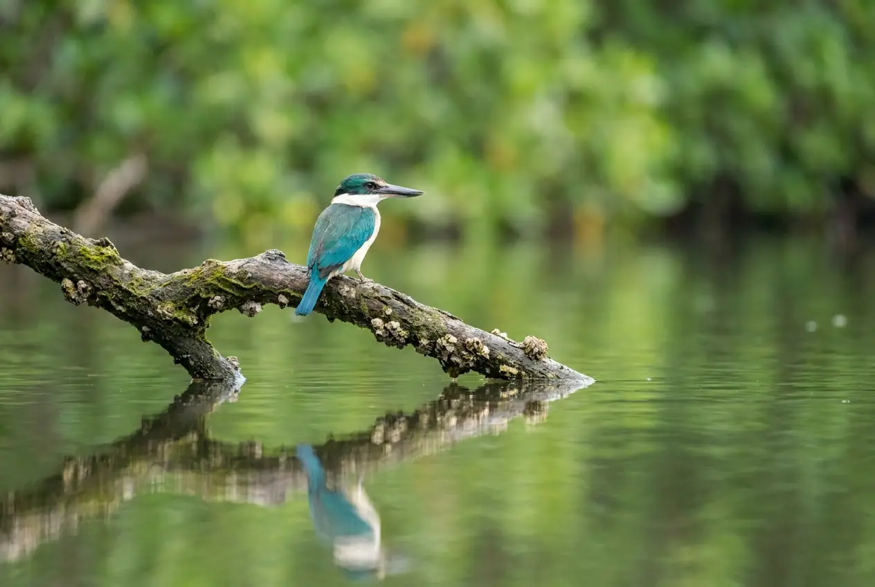 Collared kingfisher perched on a mangrove branch above calm water