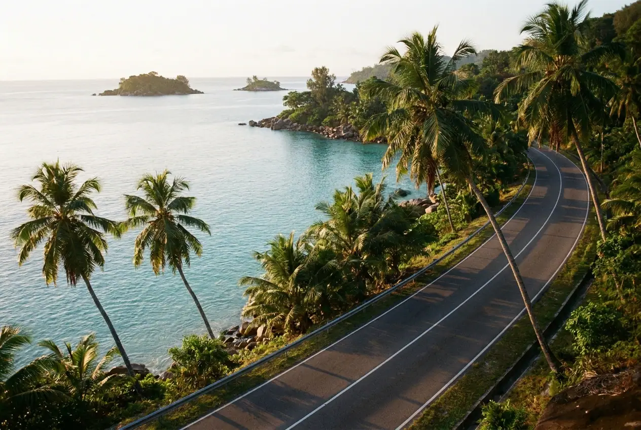 Palm-lined coastal road beside the sea in South Andaman