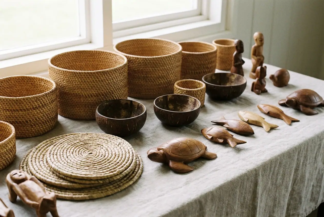 Handmade cane and coconut-shell crafts on a wooden table