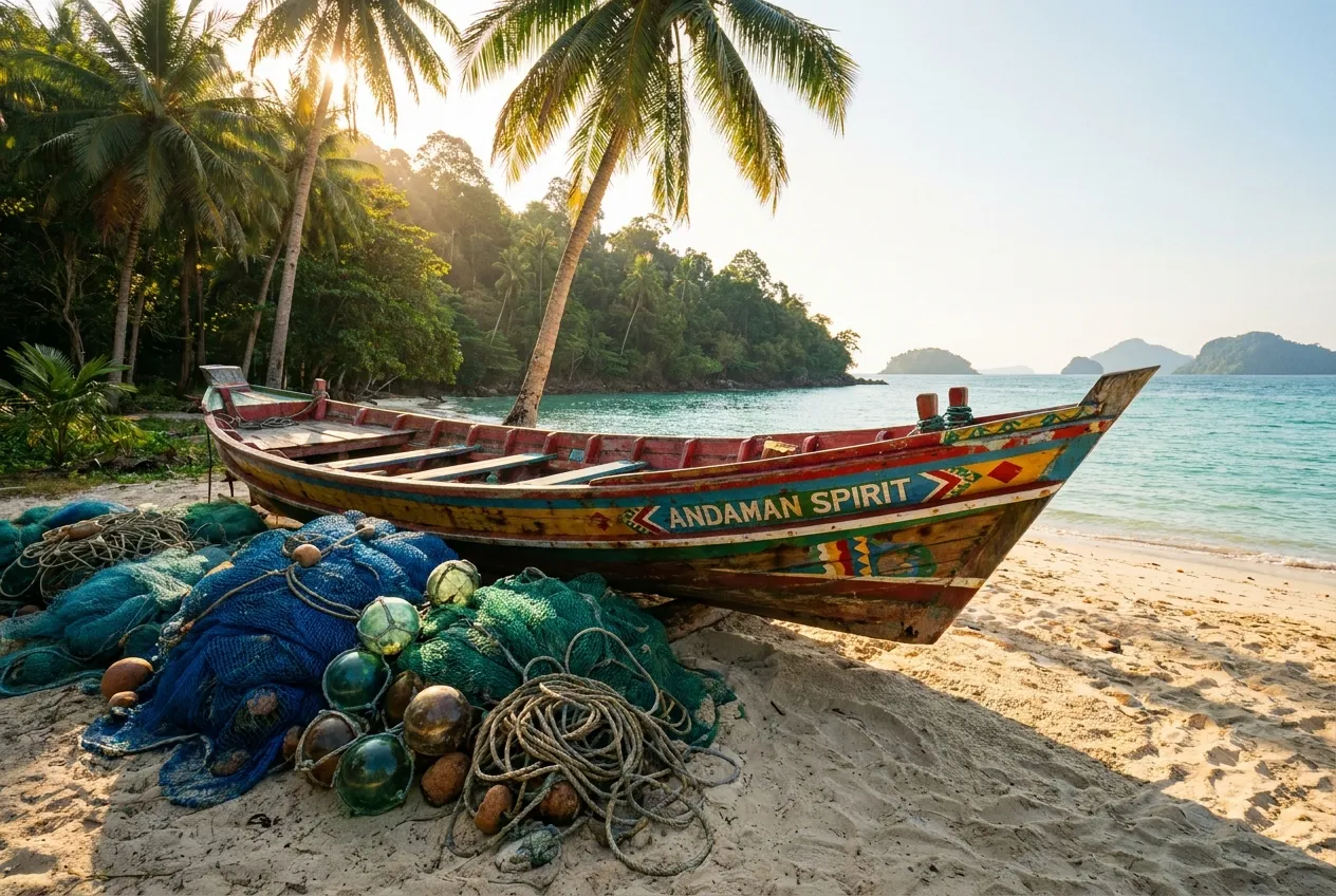 Colourful wooden fishing boat on a beach beside piles of nets