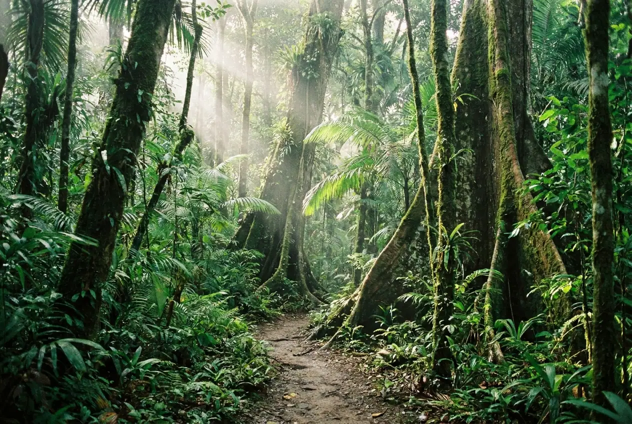 Giant buttressed trees along a rainforest trail