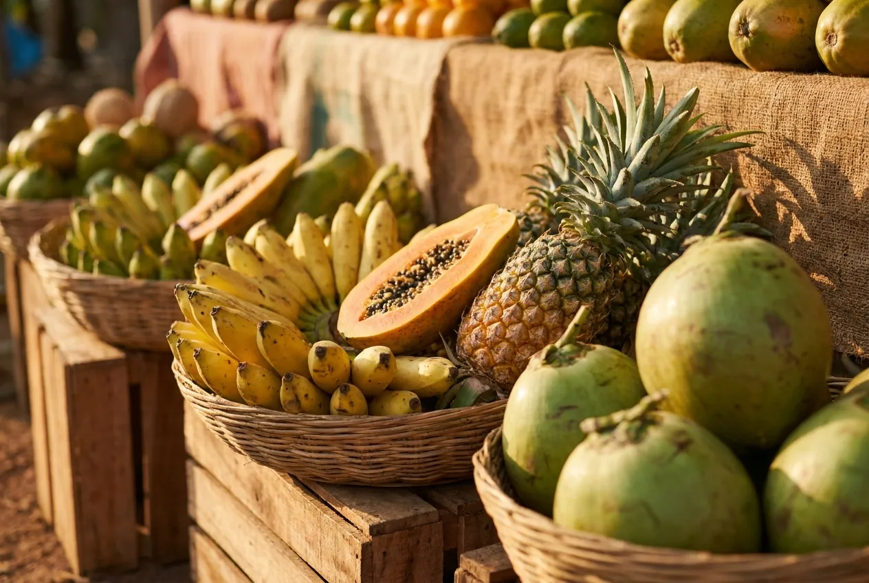 Bananas, papaya, pineapple and tender coconuts on a market stall