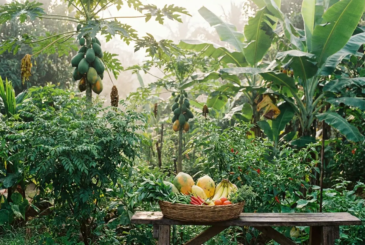 Home garden with coconut palms, curry leaves and tropical fruit