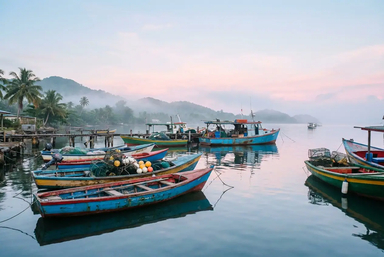 Fishing harbour at dawn with boats returning to the jetty