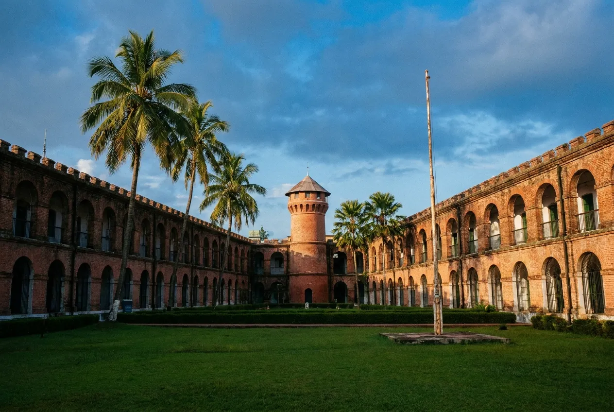 Red-brick heritage building with a watchtower in Port Blair
