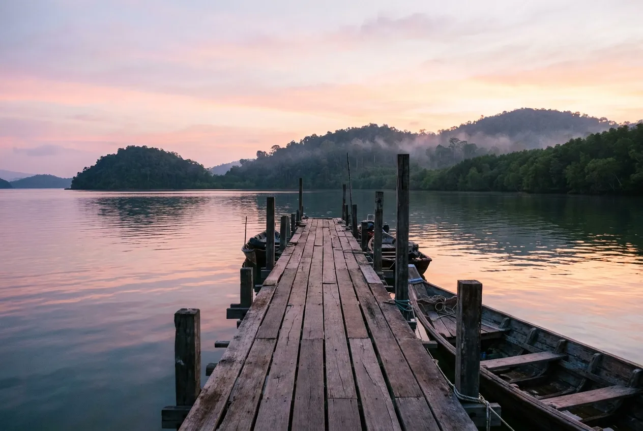 Small wooden jetty on a calm bay at dawn with forested islands behind