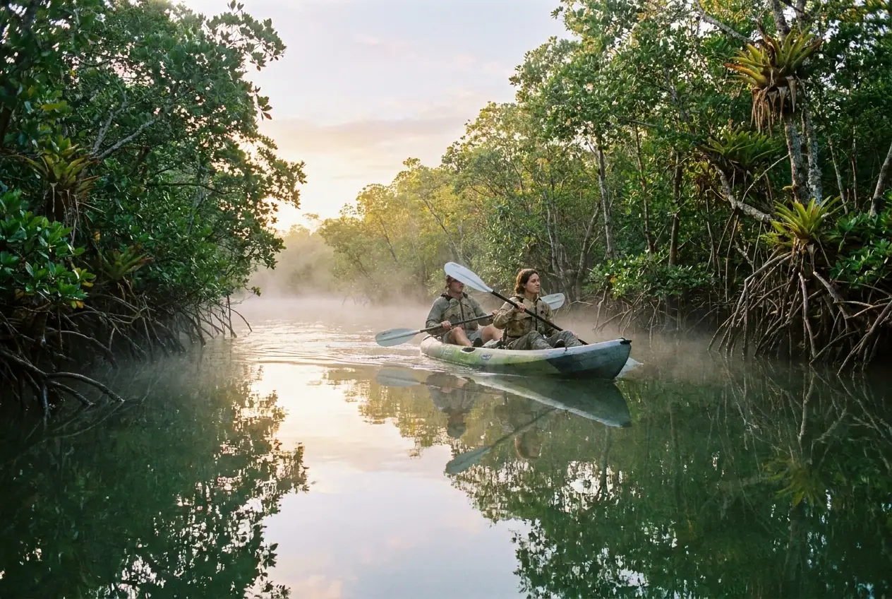 Kayak gliding through a misty mangrove creek at sunrise