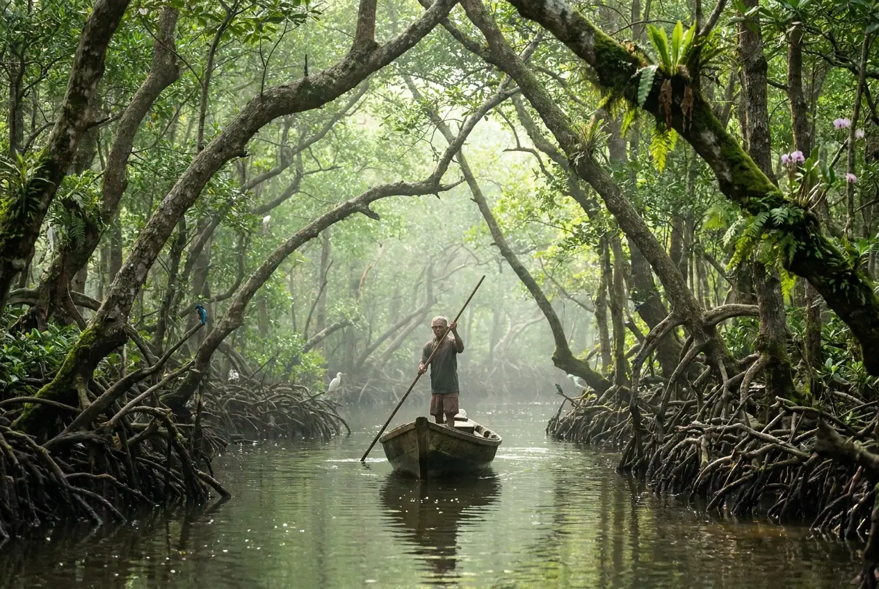Boat moving through a narrow mangrove channel