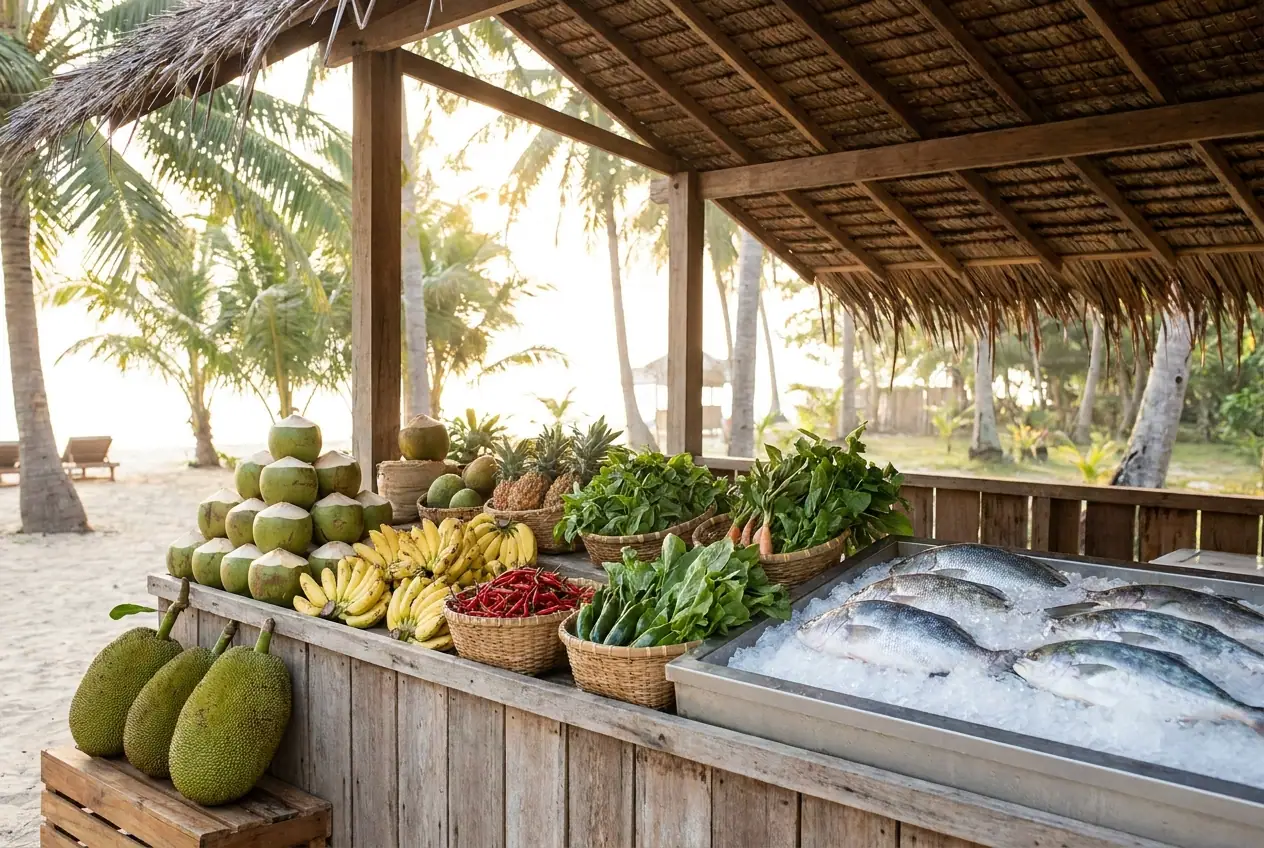 Morning market stalls with vegetables and spices in Port Blair