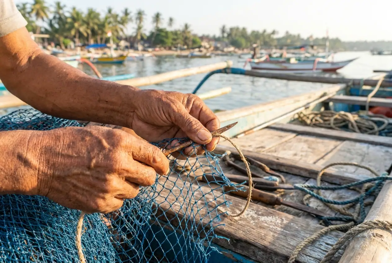 Fishing nets and floats piled on a quiet beach