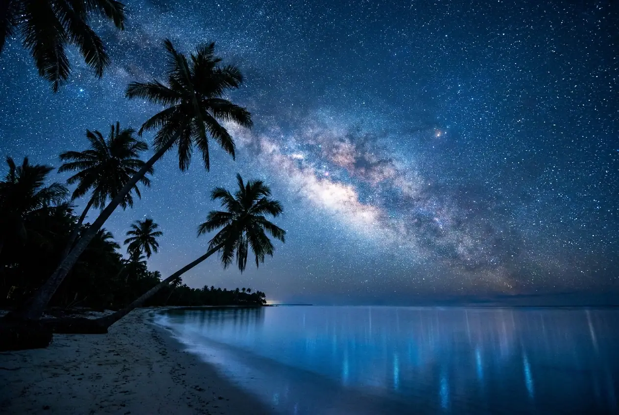 Milky Way over a quiet Andaman beach with palm silhouettes