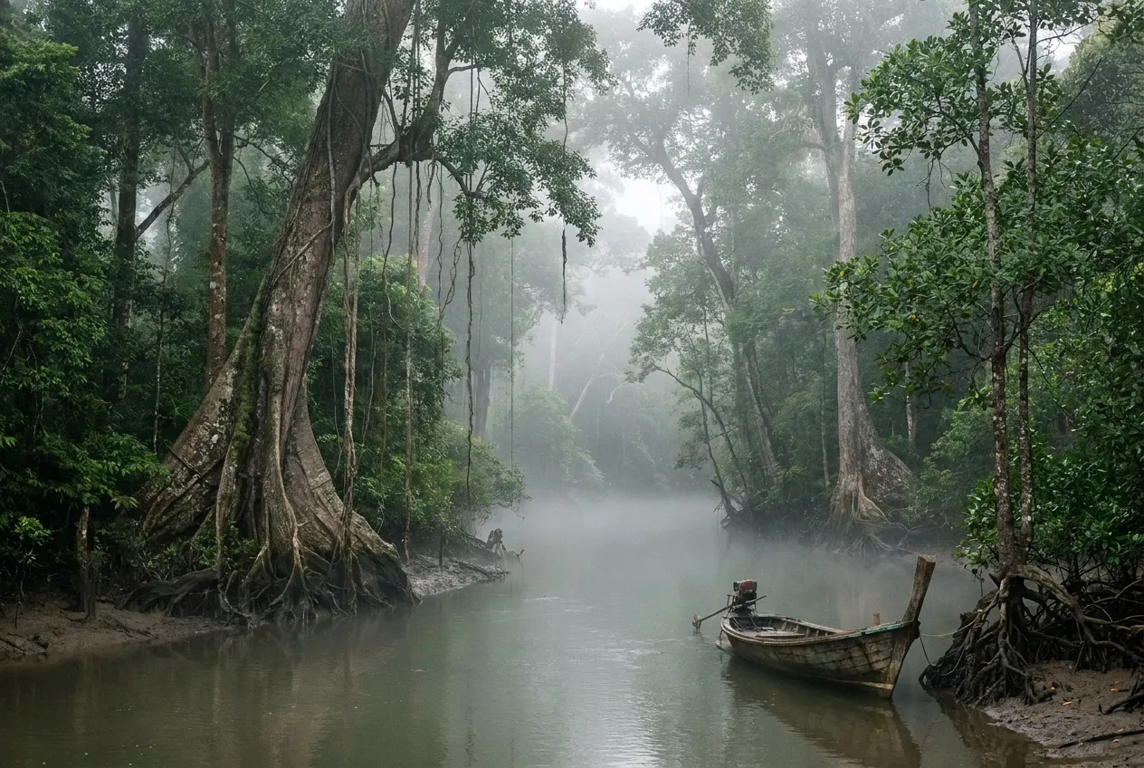 Misty rainforest beside a quiet estuary with a moored boat