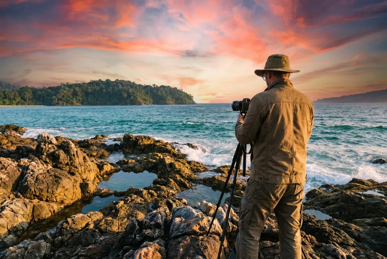 Photographer with a tripod on a rocky coastline at golden hour