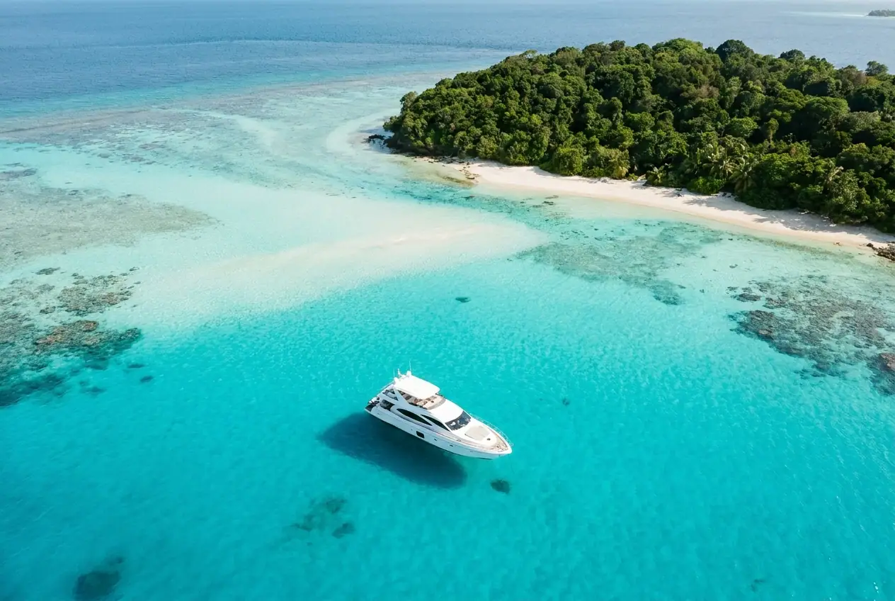 Private boat anchored in clear turquoise water off a quiet island