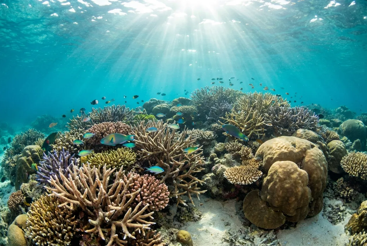 Healthy shallow coral reef with reef fish and sunbeams
