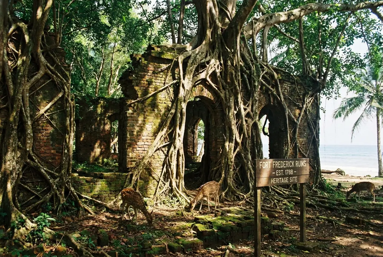 Banyan roots wrapping old brick ruins on Ross Island