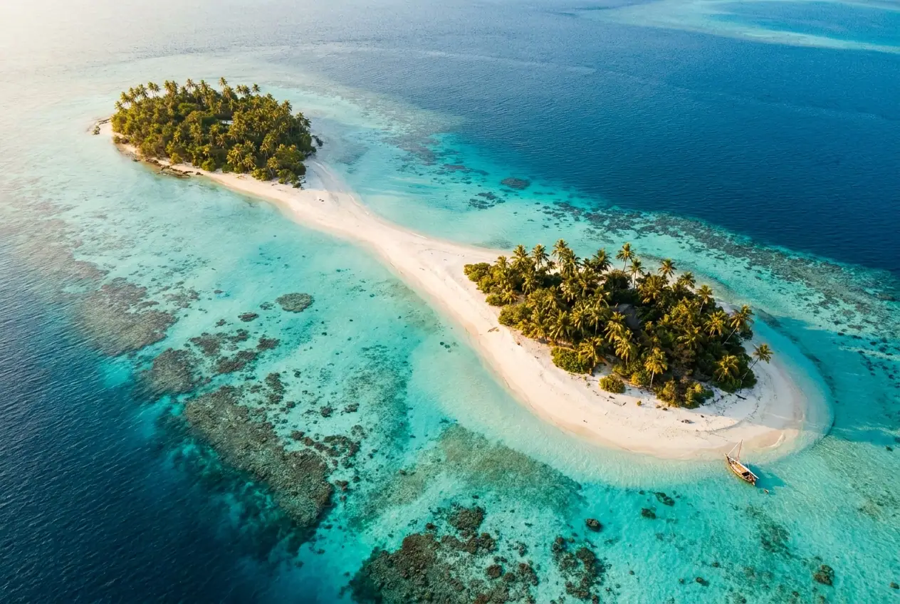 White sandbar curving into turquoise water between two forested Andaman islands