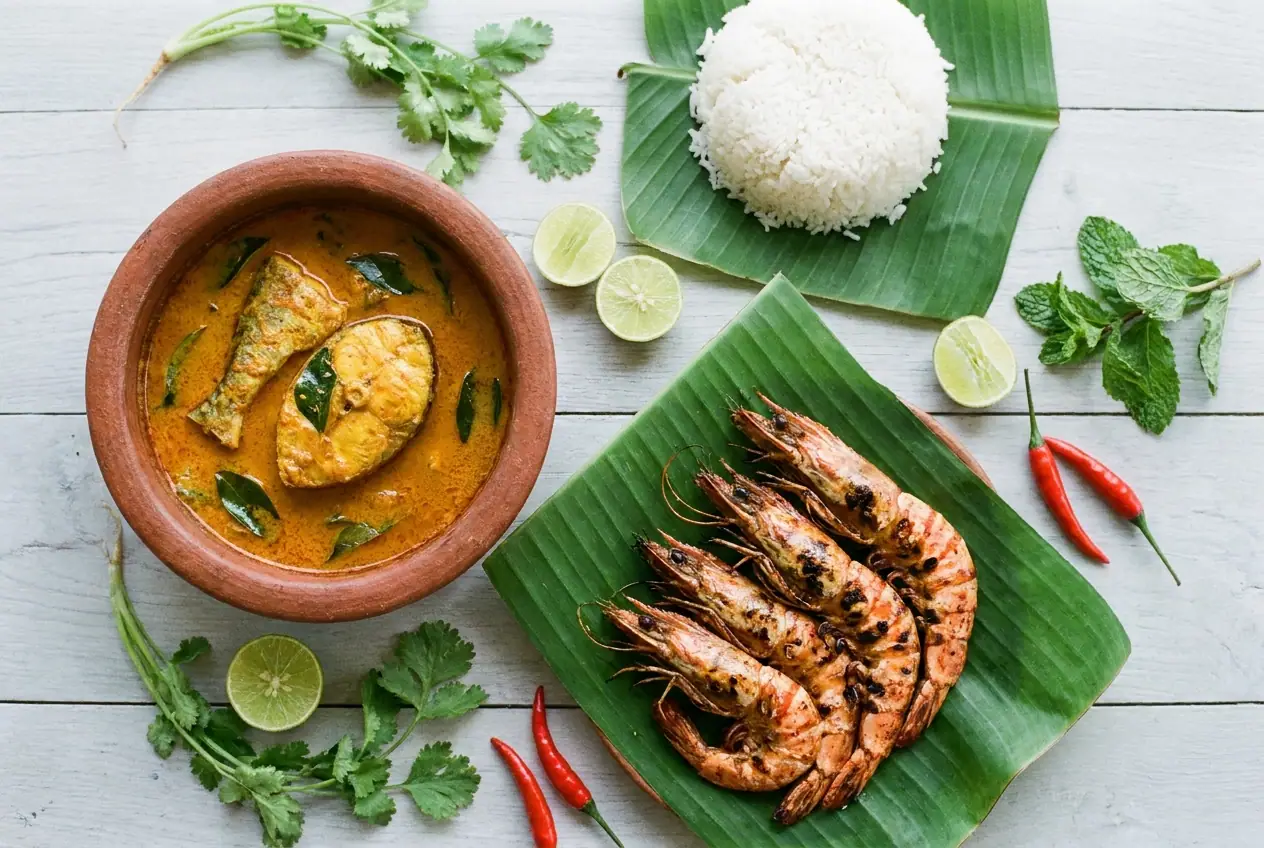 Grilled fish and coconut curry served on banana leaf