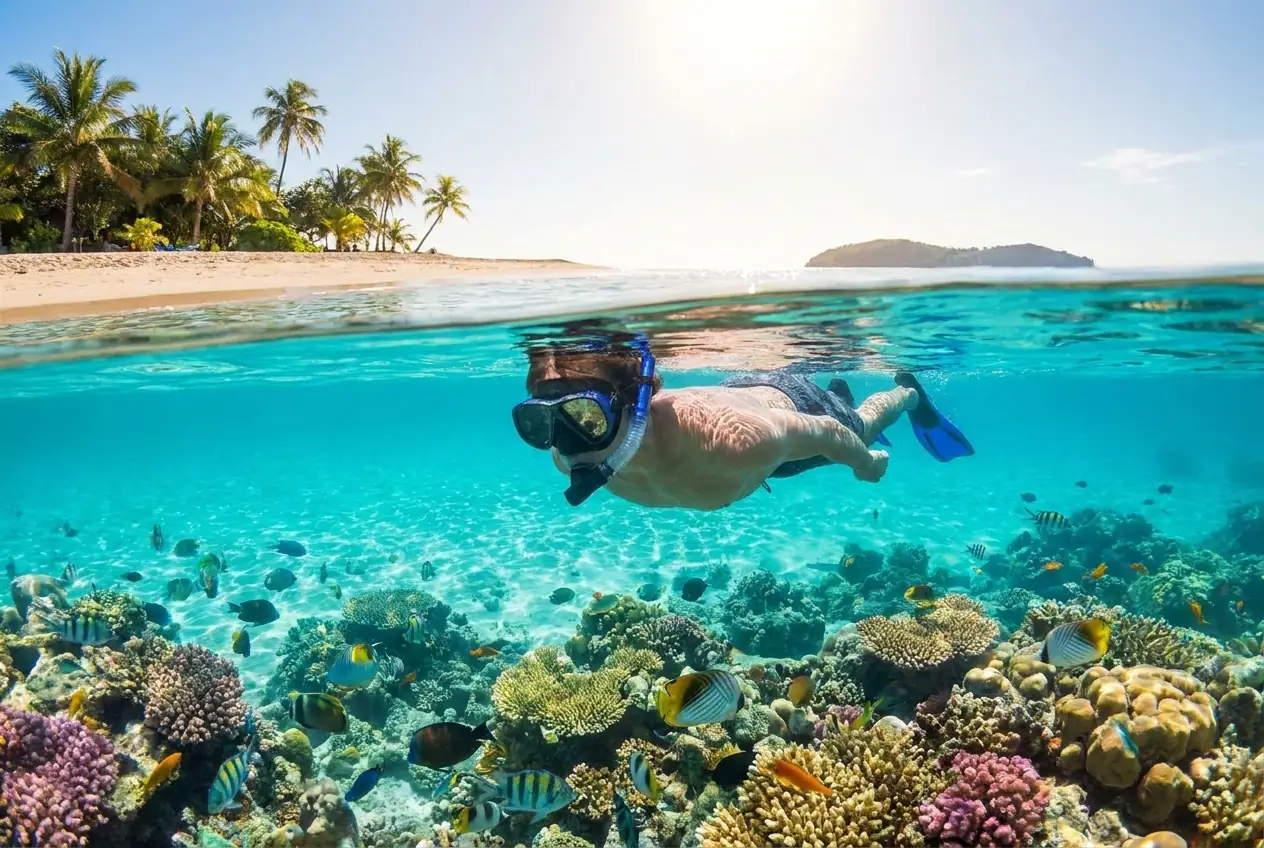 Snorkeller floating over a colourful coral reef