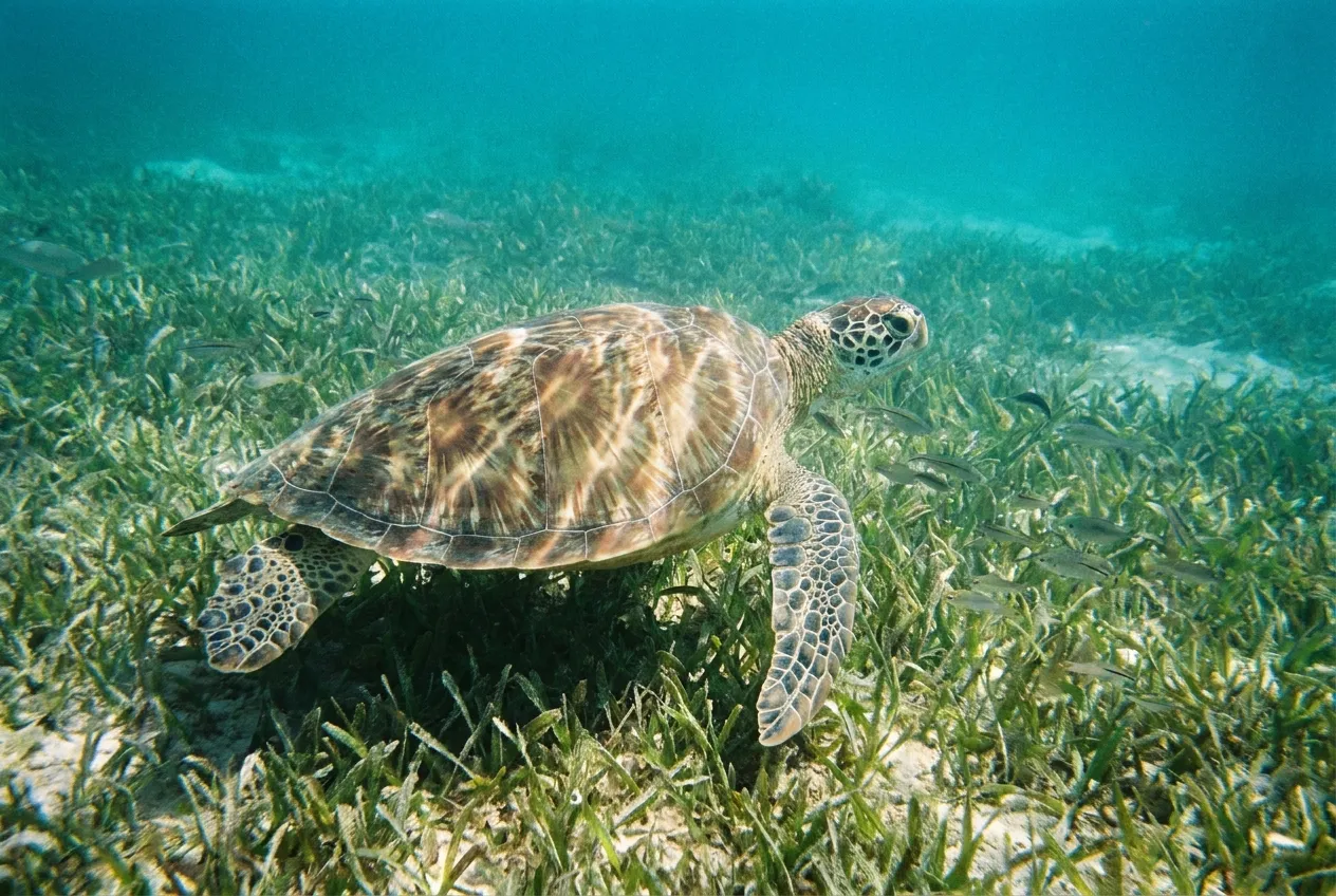 Green sea turtle swimming over seagrass in clear water