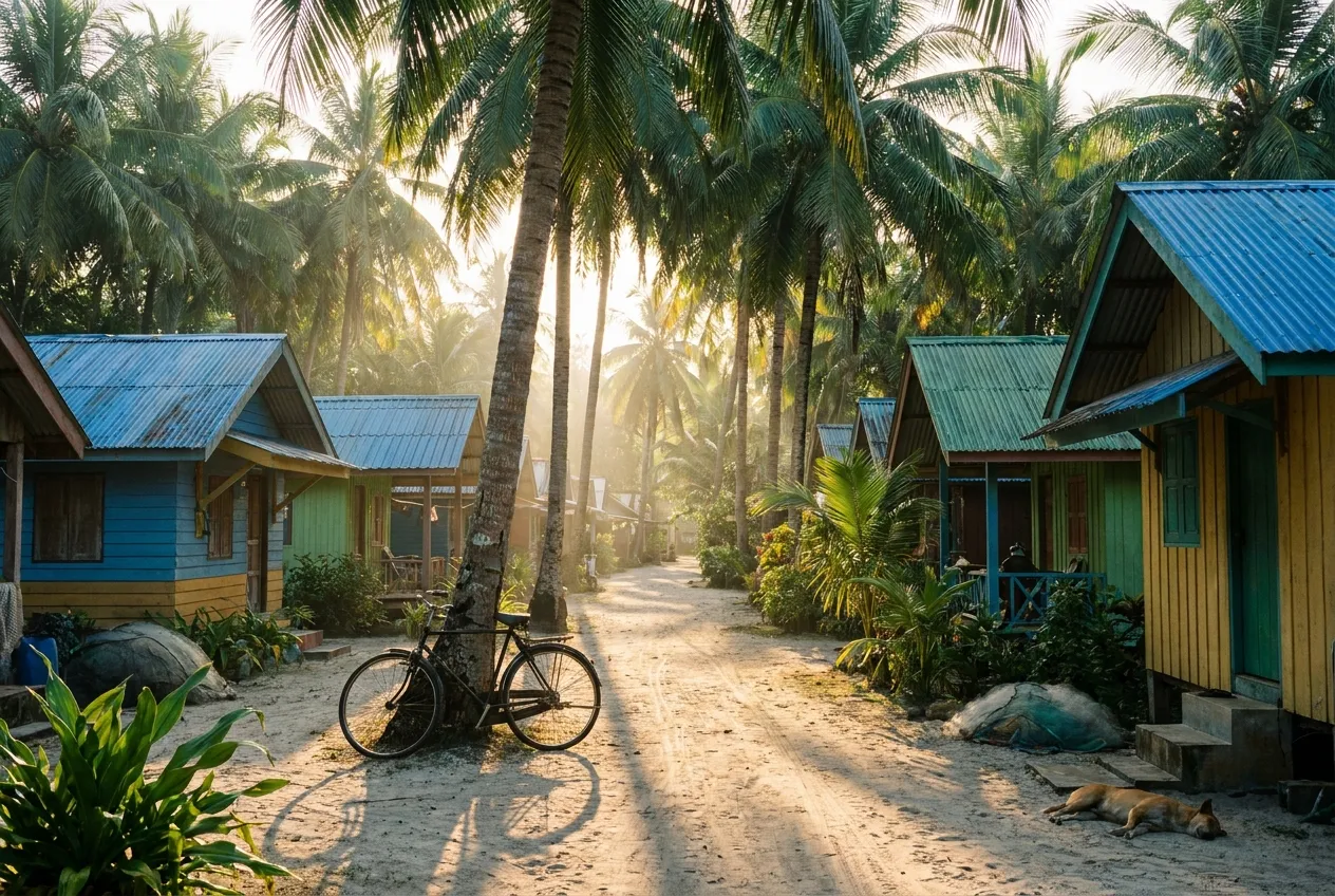 Village lane lined with coconut palms and small colourful houses