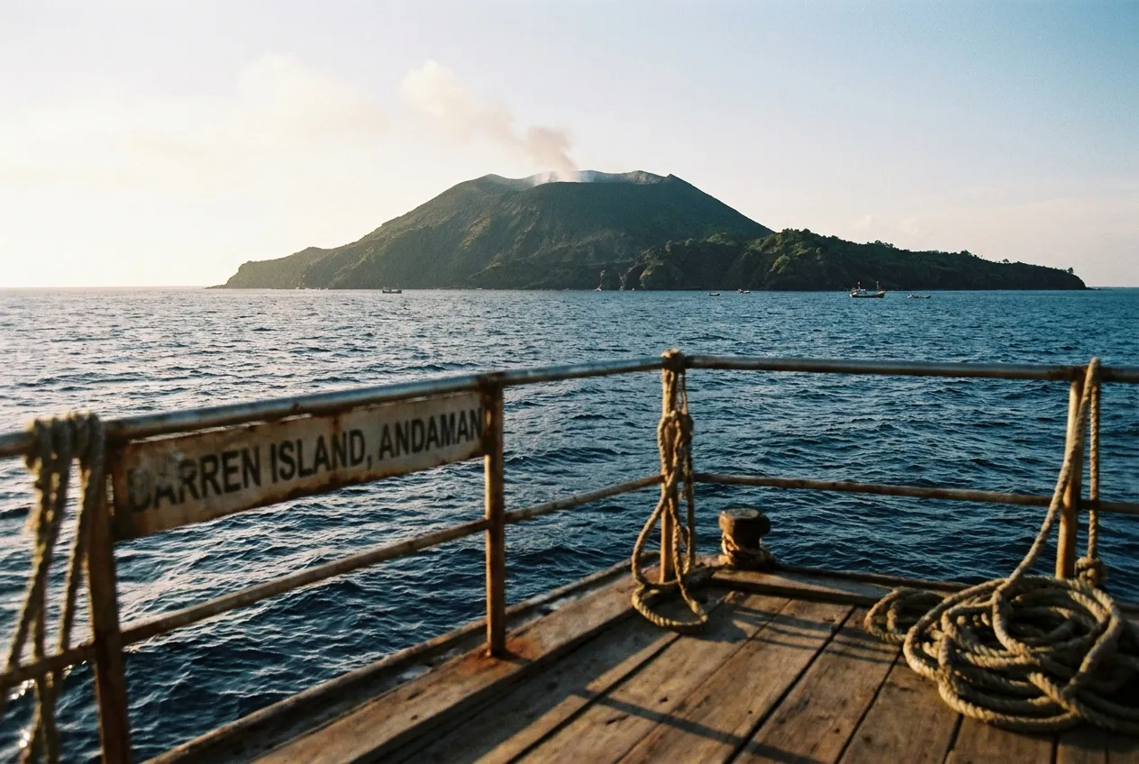 Volcanic island with a smoke plume seen from a boat at sea