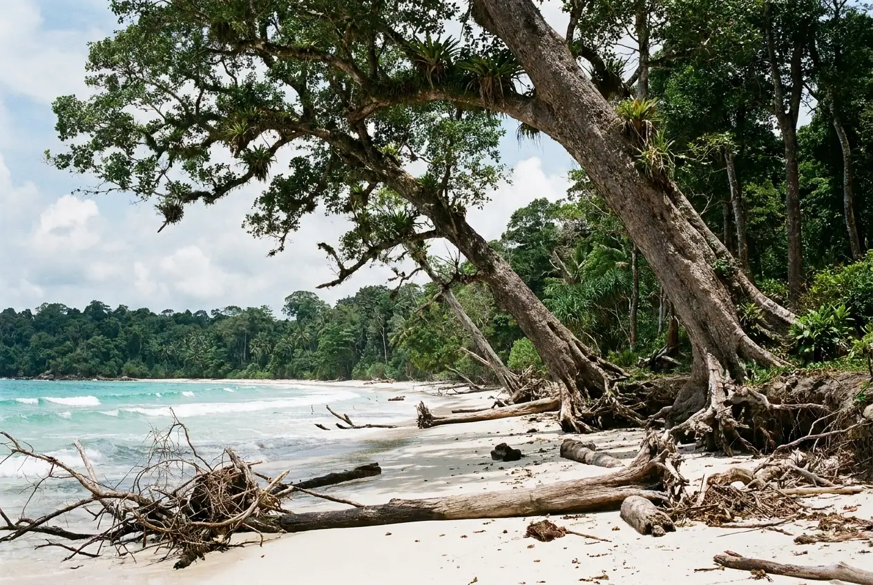 Wild beach with fallen trees and dense forest meeting the sea